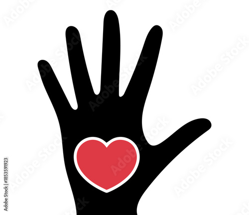human hand silhouette with red heart icon vector charity design