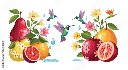 Two vibrant compositions featuring an array of colorful fruits, tropical flowers, and hovering hummingbirds with water droplets.