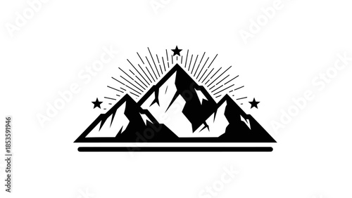 Majestic Mountain Peaks with Radiant Sunburst and Stars.