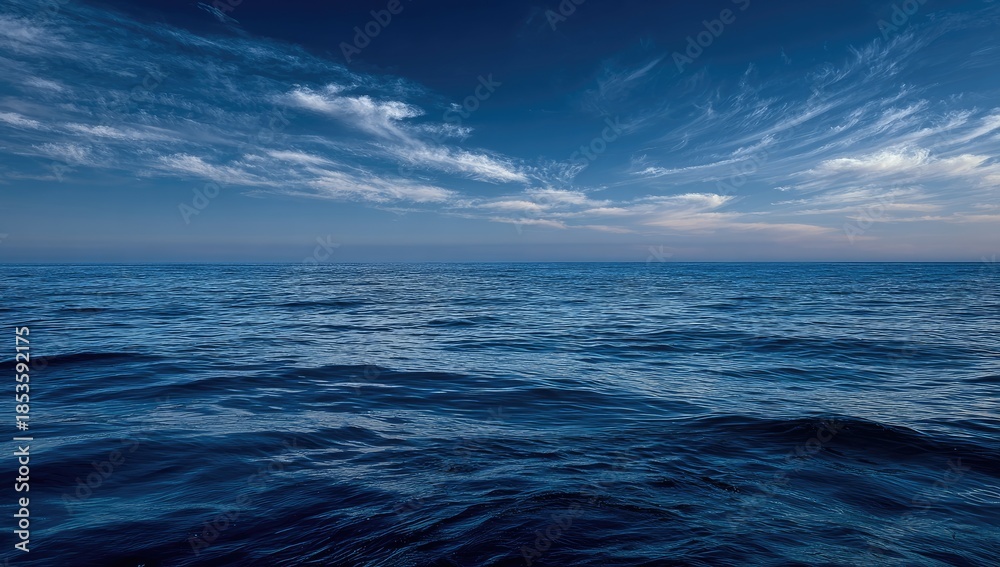 Fototapeta premium Deep blue ocean stretches to horizon under a vast sky with wispy clouds