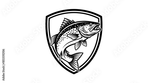 Trout leaping from water inside a shield emblem.