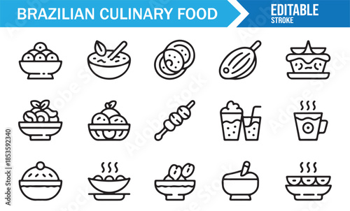 Editable outline Brazilian culinary icons on white background