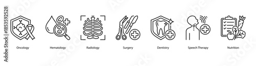 Clinical Treatment and Diagnosis web banner illustration featuring Oncology, Hematology, Radiology, Surgery, Dentistry, Speech Therapy, and Nutrition.