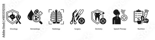 Clinical Treatment and Diagnosis web banner illustration featuring Oncology, Hematology, Radiology, Surgery, Dentistry, Speech Therapy, and Nutrition.