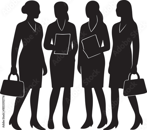 Group of women silhouettes holding handbags and folders