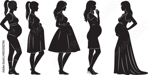 Silhouettes of five pregnant women in different outfits