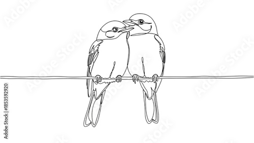 High-quality black continuous line art of pair of birds sitting together on a wire, love, connection, minimalist wildlife illustration
