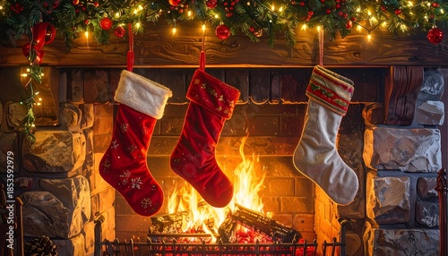 Cozy scene of a lit fireplace with stockings, decorated mantel, and festive glow