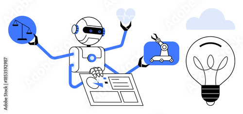 Artificial intelligence, robotics, automation, ethical technology, innovation, healthcare solutions. Robot interacting with scales, heart machinery and idea bulb. AI technology and robotics