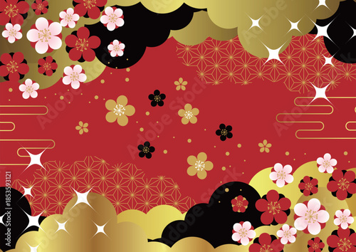 赤地に雲と花和背景、超シンプル、かわいい、イラスト、横