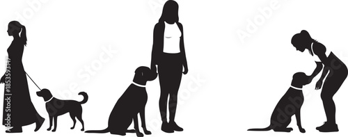 Silhouettes of women with dogs girls pets