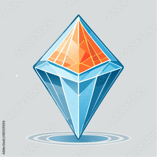 Stylized diamond with blue and orange facets, casting a circular shadow on a gray background.