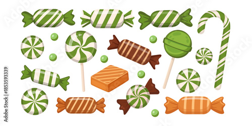 Christmas Candy Cane and Peppermint Sweets Set Flat Vector Illustration