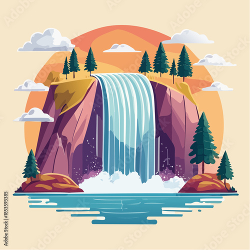 A vibrant cartoon illustration of a waterfall cascading from a cliff into a serene lake, set against a warm, sunny backdrop.