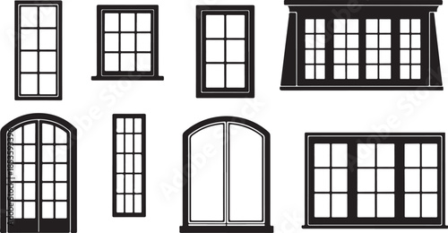 Collection of Black Silhouettes of Various Windows and Doors
