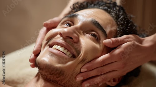 In a peaceful spa environment, a young man lies back as skilled hands provide a gentle facial massage. The serene atmosphere invites relaxation and rejuvenation, creating a moment of pure bliss