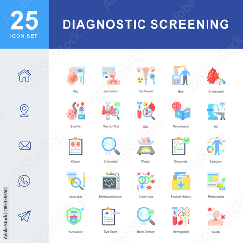 A Diagnostic Screening icon set featuring ultrasound, MRI, blood tests, pap smear, spirometry, urine test, vaccination, medical history, and clinical evaluations for accurate health assessment.