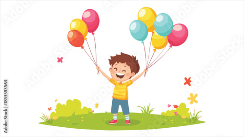 vector Joyful child holding balloons in a park