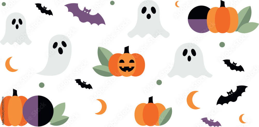 Fototapeta premium Halloween decorations with ghosts bats and pumpkins on white background for spooky or festive designs and themes