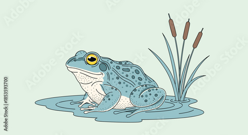 Detailed illustration of a large, blue-spotted frog sitting calmly in a shallow puddle of water next to a few cattail reeds.