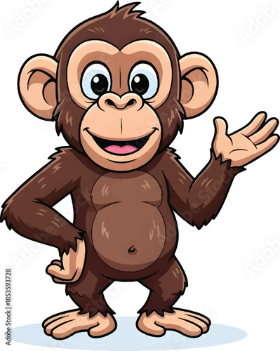 Cute cartoon chimpanzee waving illustration, happy monkey mascot character, friendly ape smiling isolated on white background