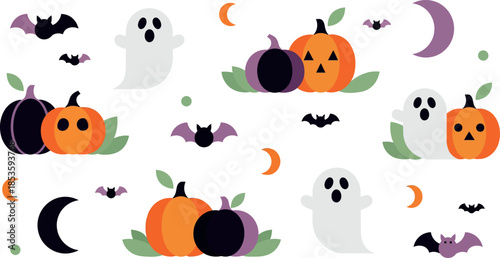 Halloween seamless pattern with ghosts bats pumpkins and crescent moons on white background