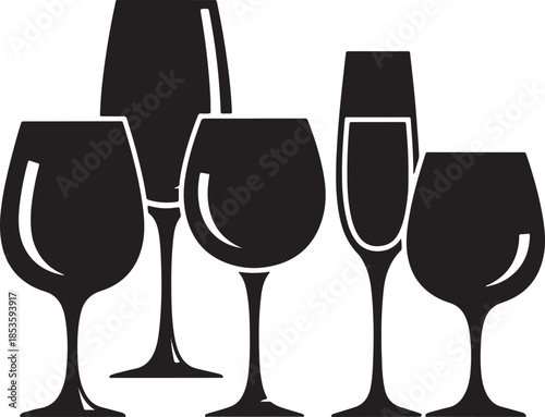 Assortment of Wine and Champagne Glasses Silhouettes Keywords: wine glass, champagne flute