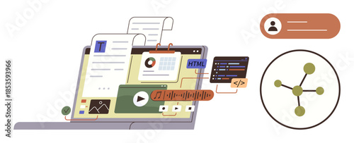 Laptop screen with multiple tabs featuring text, graphs, code, video, and design tools. Network icon and profile tab suggesting connectivity, data sharing, or collaboration. Ideal for technology