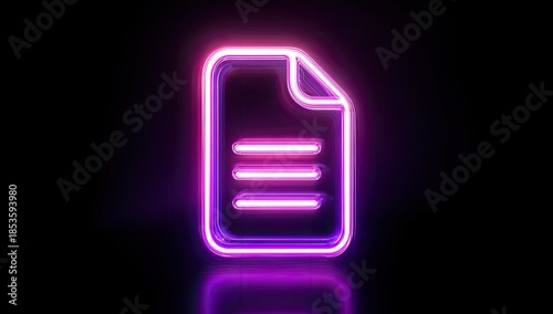 A glowing neon document icon illuminates a dark, reflective surface