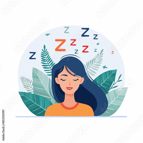 Peaceful Woman Sleeping with Dream Symbols and Tropical Leaves Illustration