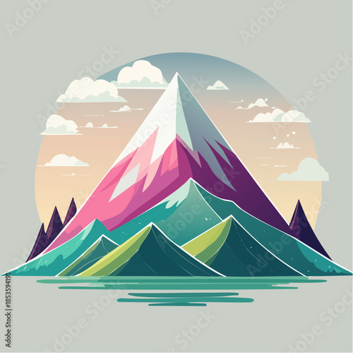 Colorful mountain landscape with snow-capped peak and surrounding nature.