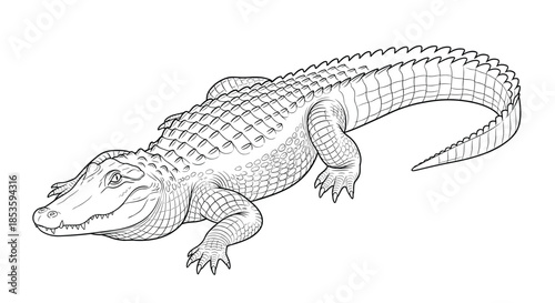 Realistic and detailed black and white line art illustration of an alligator, showing its textured scales, powerful tail, and sharp teeth.