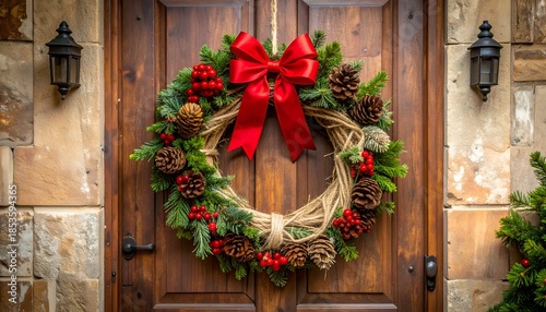 Festive wreath with a red bow hangs on a wooden door, flanked by stone and lanterns