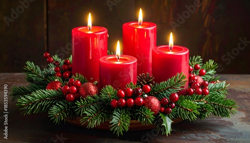Four lit red candles in greenery centerpiece, holiday decoration with berries
