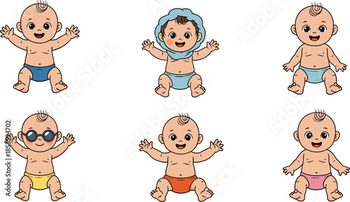 Cartoon baby character illustrations, cute infant poses, playful baby clipart, smiling toddlers vector, colorful baby outfit bundle