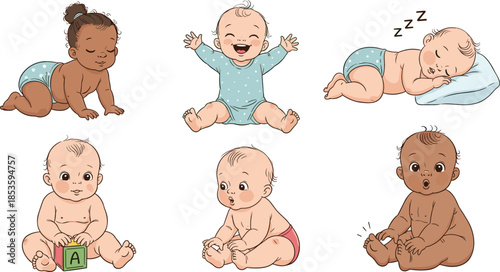 Cartoon baby behavior illustrations, cute infant clipart, playful baby poses, emotional expressions vector, toddler activity bundle, milestone artwork