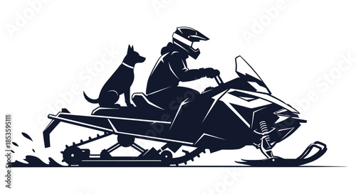 A dynamic illustration of a snowmobiler with a canine companion enjoying a winter ride silhouette