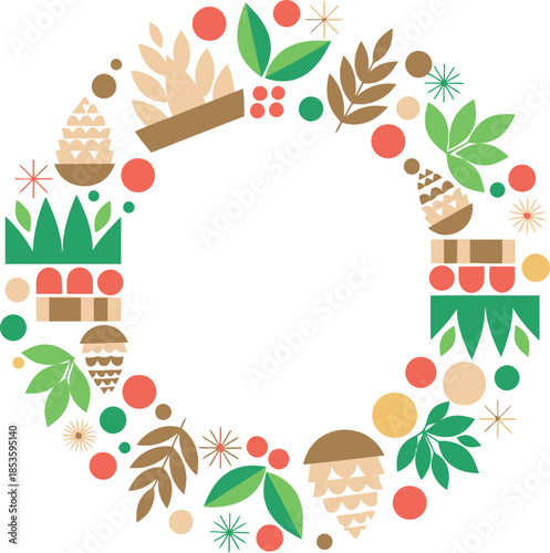 Colorful illustration of a wreath made of various food items and plants on a white background for culinary or festive use