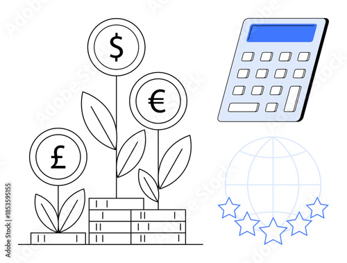 Financial growth, global economy, currency exchange, investment planning, wealth management, savings concept. Dollar, euro pound symbols growing thumbs up plants next to a calculator. Financial