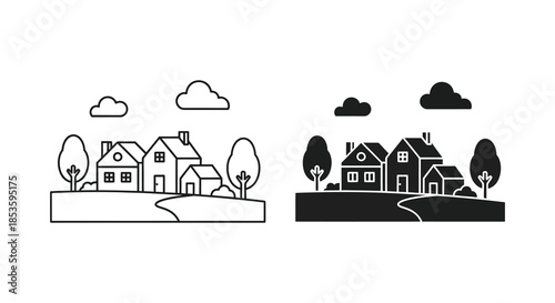 A charming depiction of a quaint village scene presented in both line art and a striking silhouette
