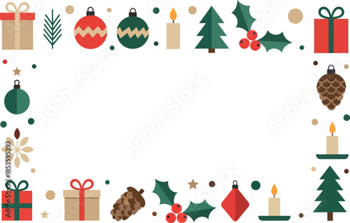Christmas decorations and gifts arranged in a square border on a white background for holiday greeting or invitation