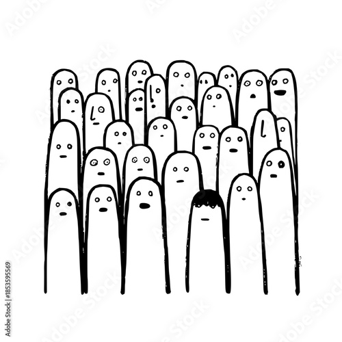 Illustration of a dense crowd of simple black and white figures with various facial expressions