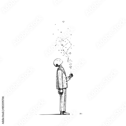 Illustration of a suited figure blowing bubbles that form abstract shapes in a minimalist style art work