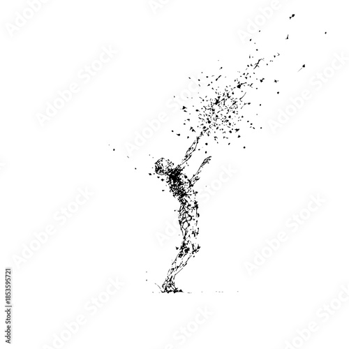 A figure reaching upwards with a disintegrating effect in black and white artistic representation style