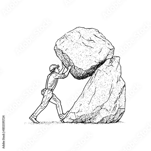Illustration of a miner pushing a large boulder with a headlamp on a white isolated background