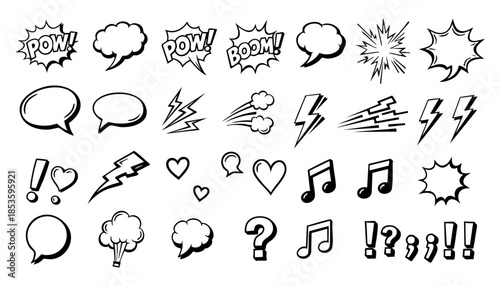Comic boom cartoon effect line element set. Comic speech bubble pow, boom text, explosive splash smoke, wow cartoon vector icon. Hand drawn sketch doodle explosive element. Vector illustration.