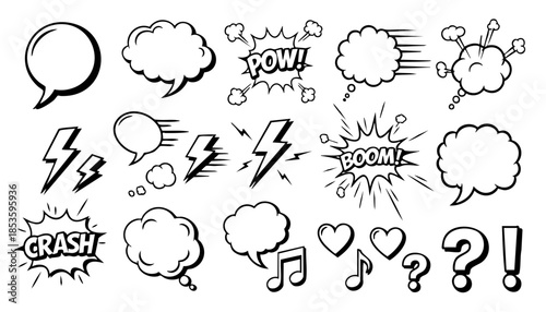 Comic boom cartoon effect line element set. Comic speech bubble pow, boom text, explosive splash smoke, wow cartoon vector icon. Hand drawn sketch doodle explosive element. Vector illustration.