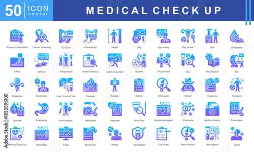 Medical Checkup icon set featuring physical exam, cancer screening, CT scan, X-ray, diagnosis, immunization, blood test, and medical history. Ideal for healthcare, clinics, and wellness services.