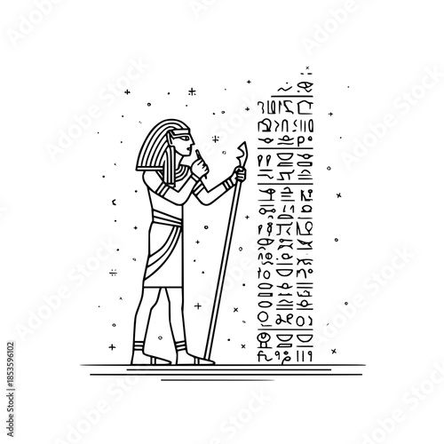Illustration of an egyptian pharaoh with a staff standing next to hieroglyphics on a white background