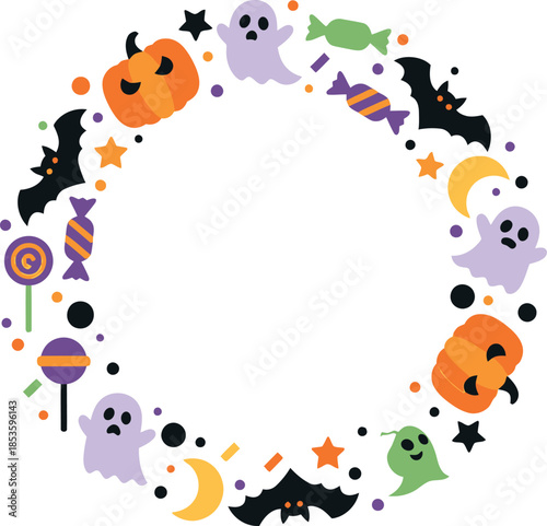 Colorful halloween themed wreath with various decorations and symbols on white background